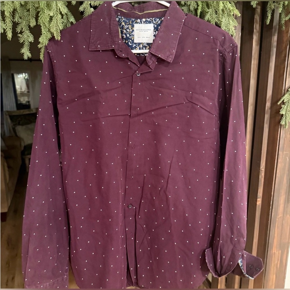 Denim & Flower Men's Maroon Polka Dot Shirt